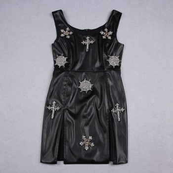 Black PU Leather Split Tank Women Dress Crucifix Snowflakes Lady Sexy Party Dress Black White